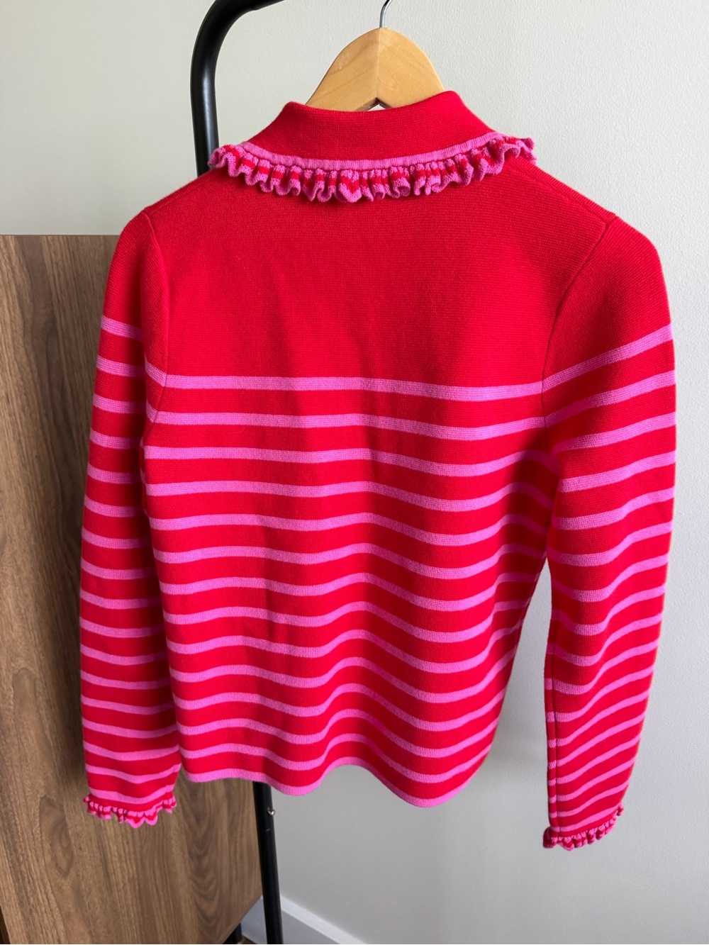 Boden Red & Pink Striped Ruffle Collar Cardigan Sweater Size S NWOT Wool Cotton - Picture 4 of 13
